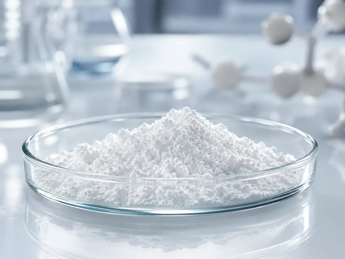 Fine white aerogel powder in a glass dish