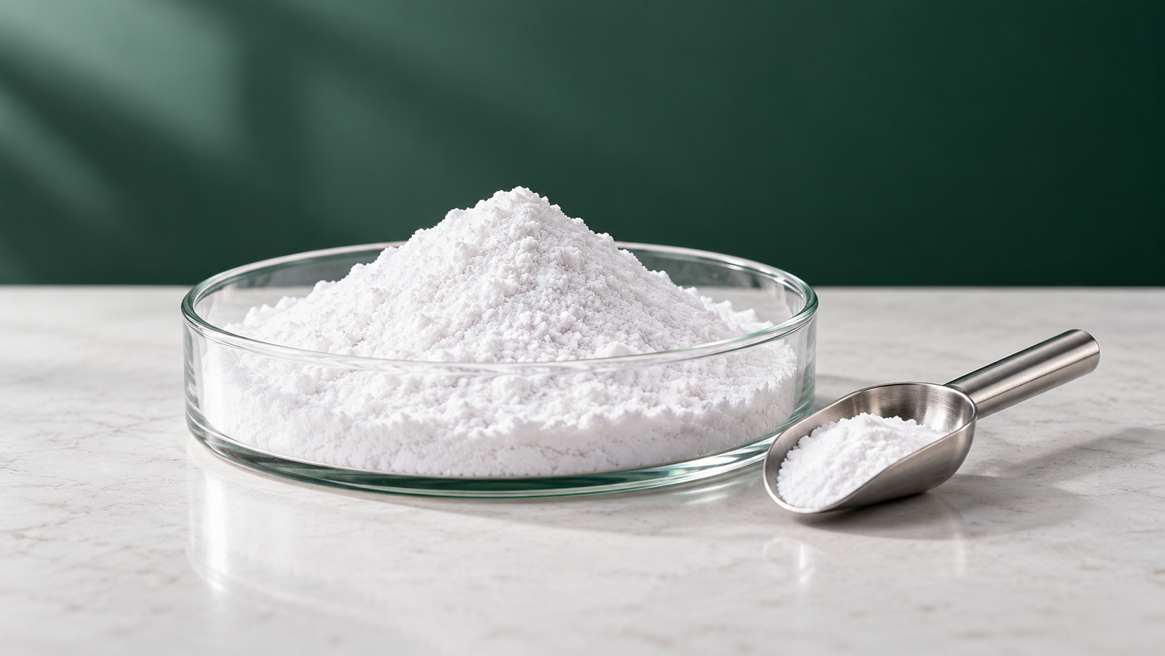 Product illustration of fine white aerogel powder in a glass dish with a laboratory scoop