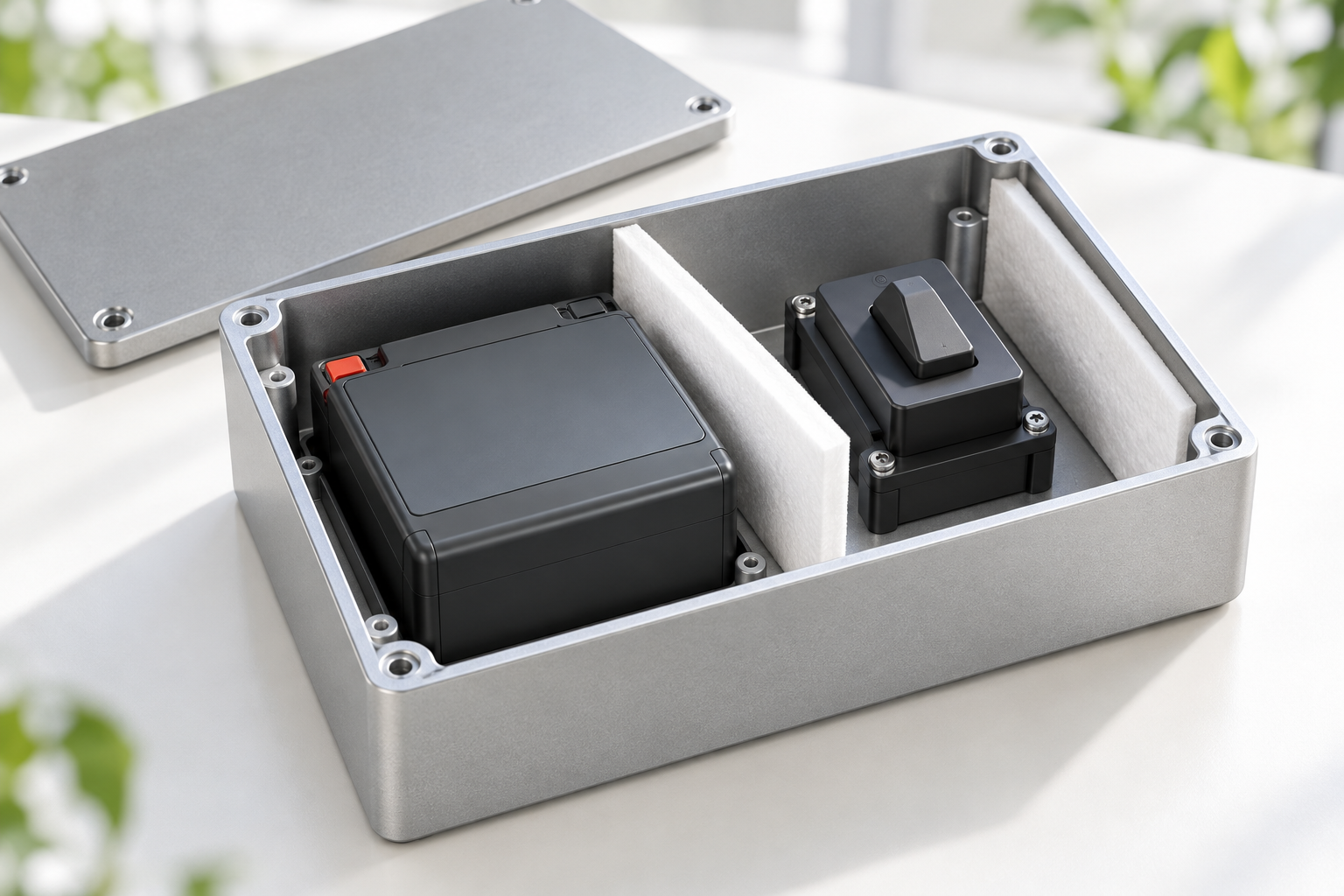 Generic concept illustration of a battery and switch inside an electrical enclosure with white insulating separators