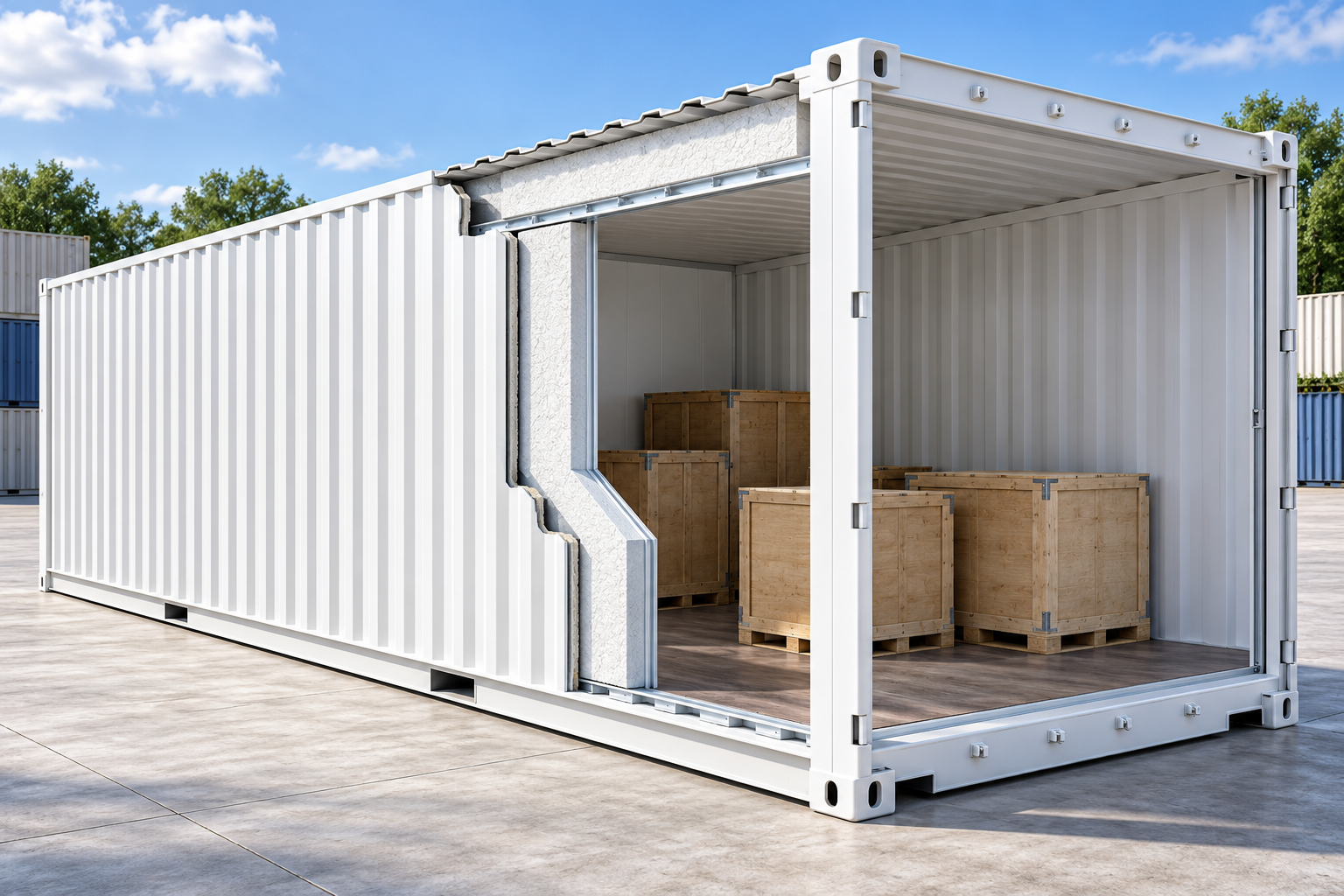 Concept cutaway of a large shipping container showing insulation within its wall and roof lining