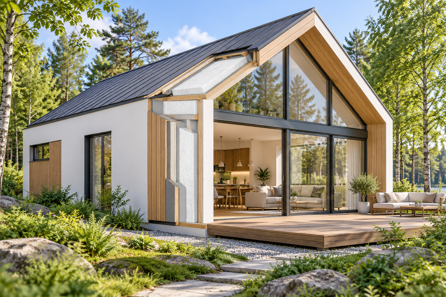 Concept illustration of a modern forest home with cutaway wall and roof sections showing an insulating layer