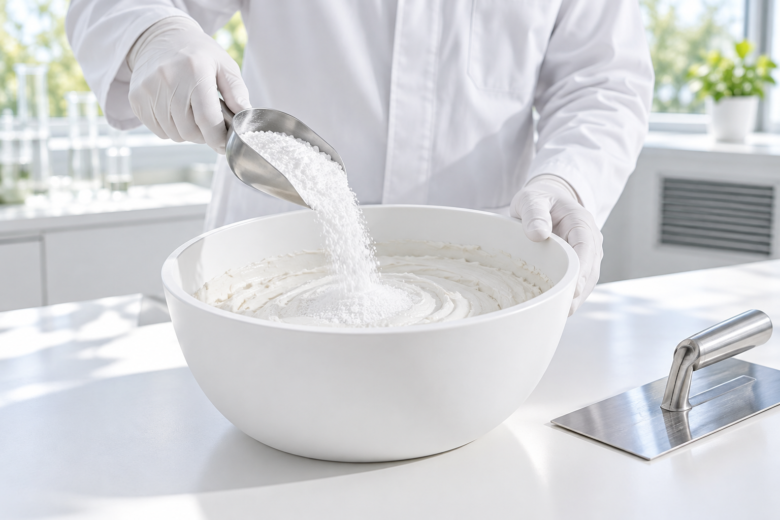Concept illustration of white aerogel powder being added to a plaster mixture in a clean materials studio