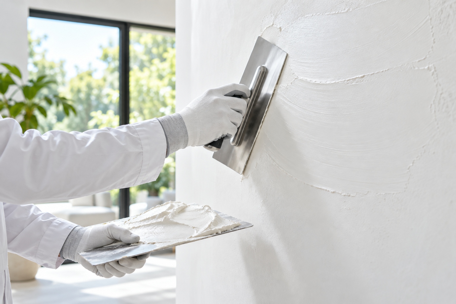 Concept illustration of a worker smoothing an aerogel-containing plaster onto a bright interior wall