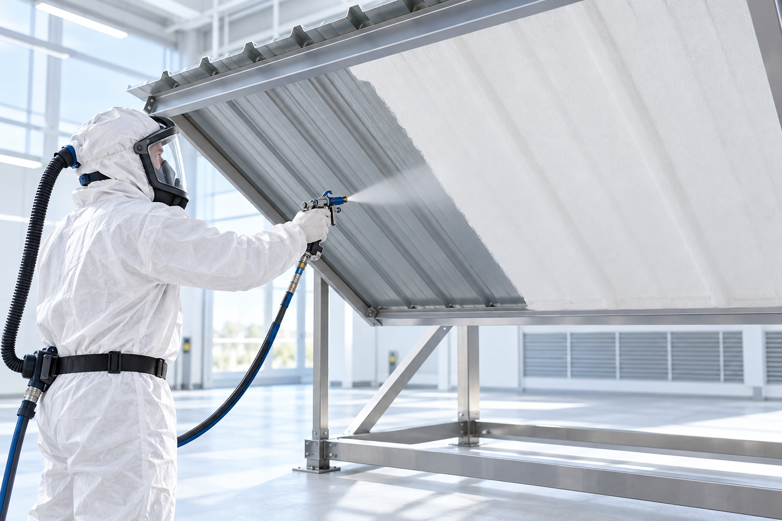 Concept illustration of a protected worker spraying an insulation mixture onto a roof panel in a clean demonstration studio