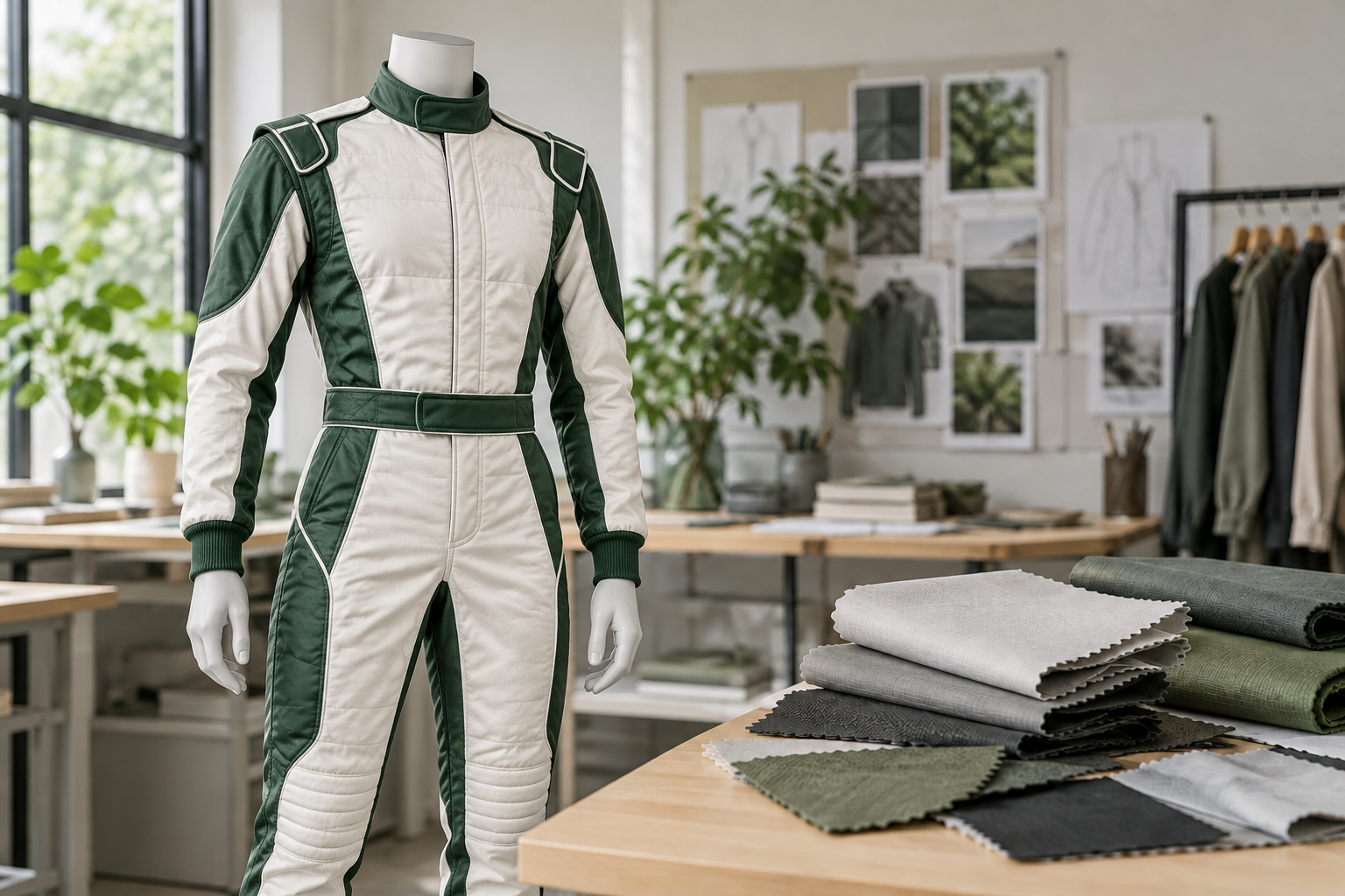 Illustrative racing suit and fabric samples in a clothing design studio