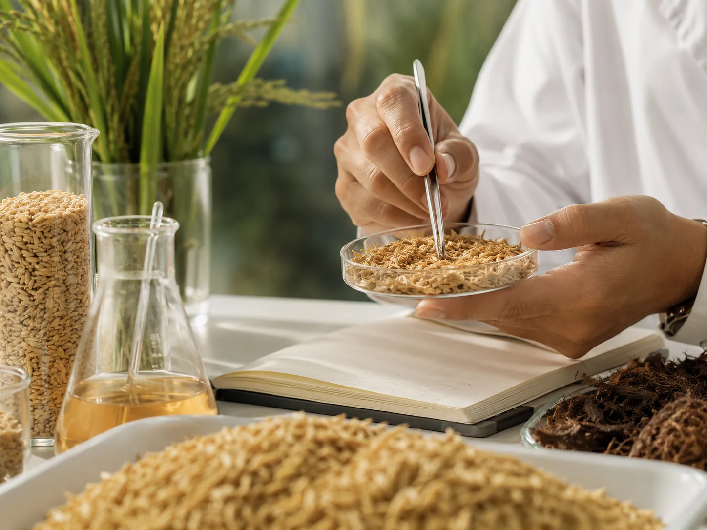 Rice husks and material research illustrating Insulating Asia’s interest in making better use of resources