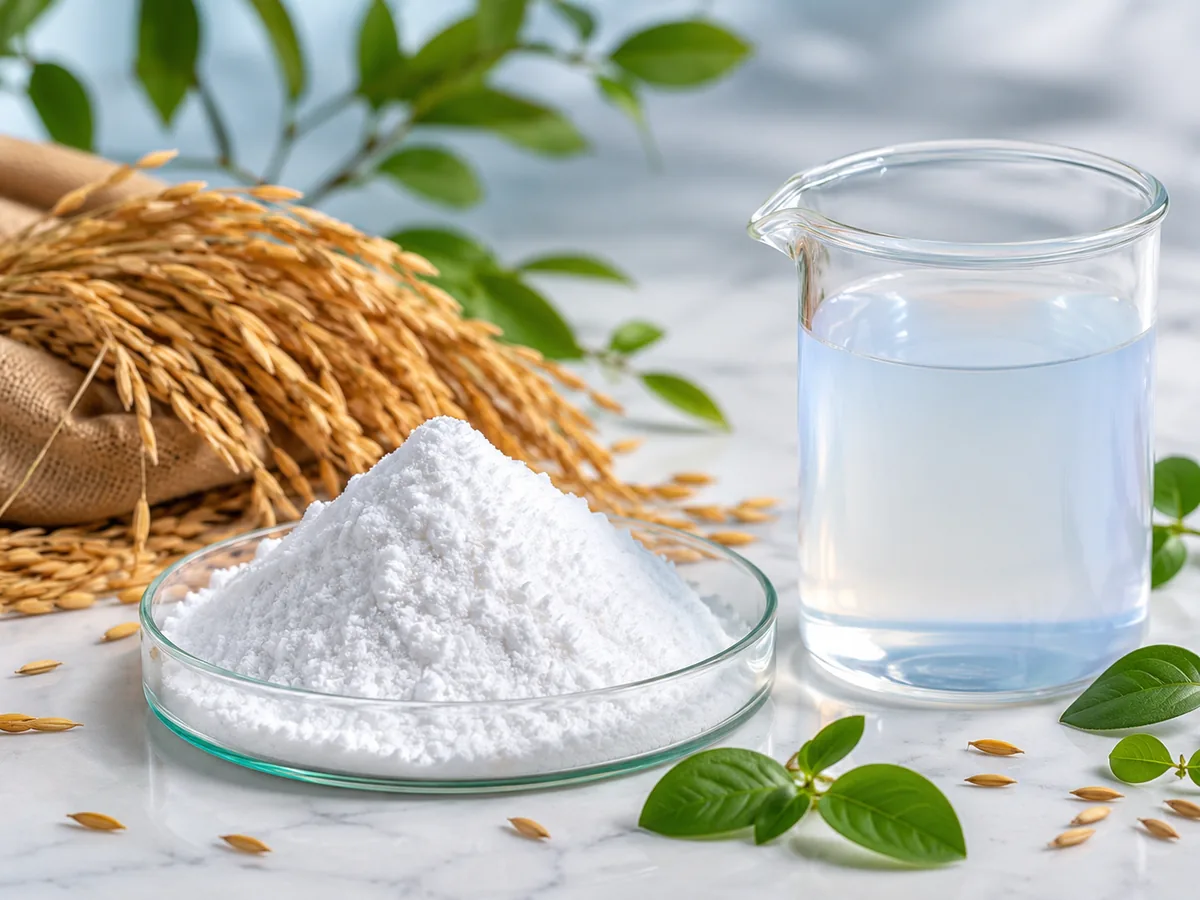 Rice husks beside aerogel powder and a glass beaker