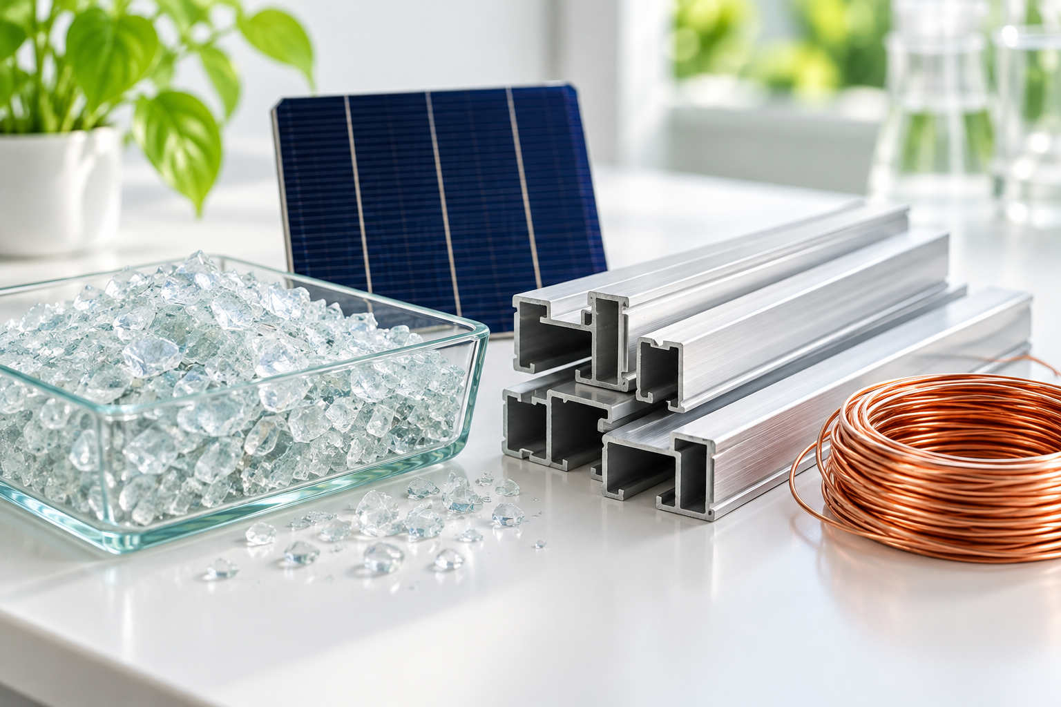 Concept illustration of separated glass, aluminium and copper for materials research