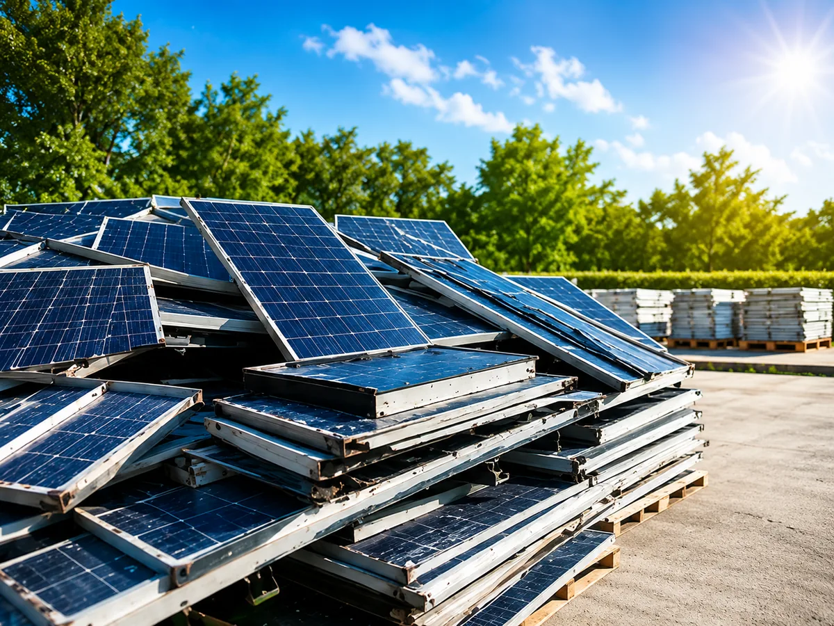 Old solar panels stacked for material recovery