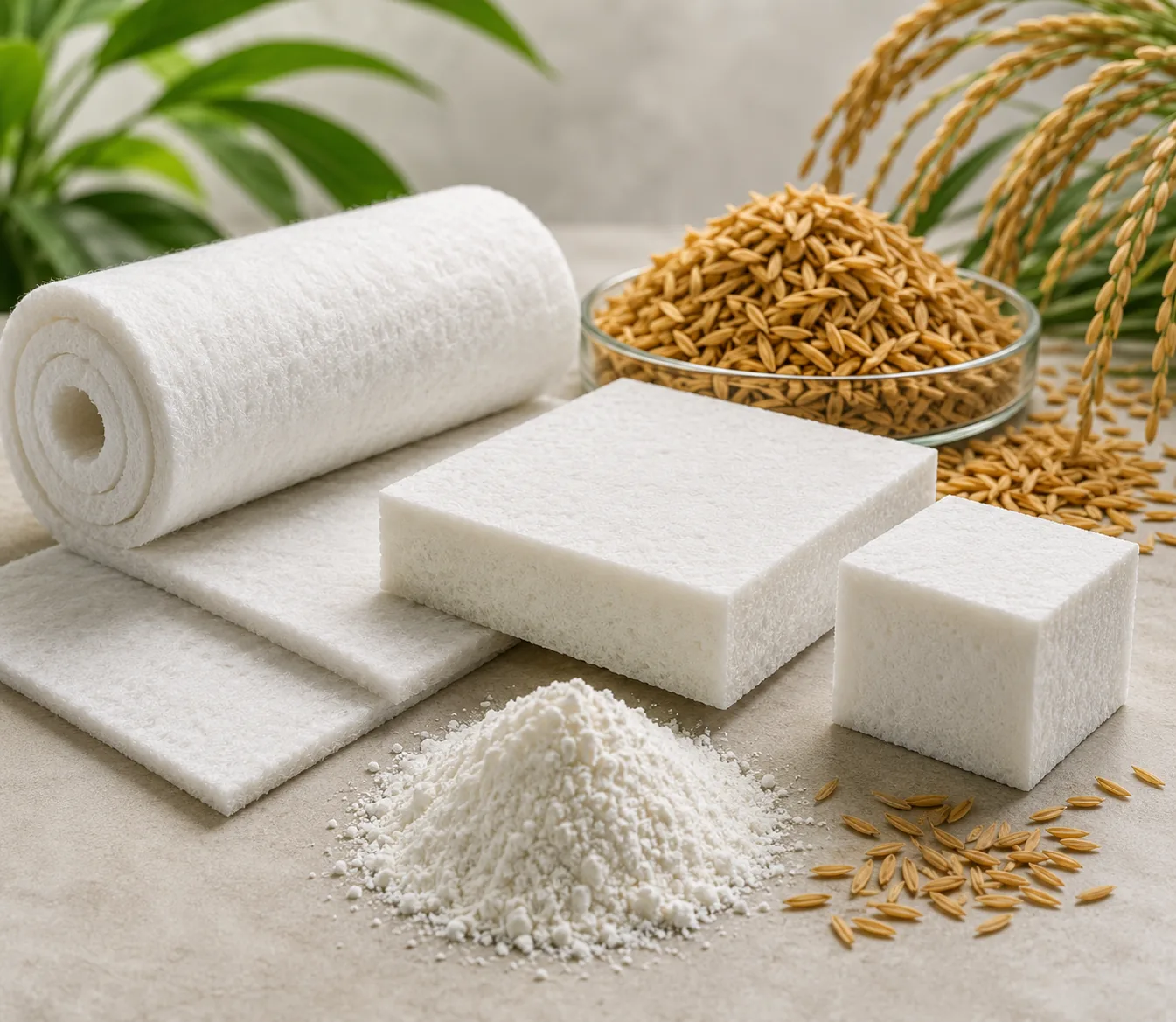 Aerogel powder and examples of insulation materials beside rice husks